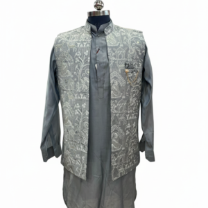 charcoal gray kurta with printed waistcoat