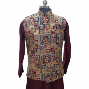 maroon kurta with heritage patchwork printed waistcoat